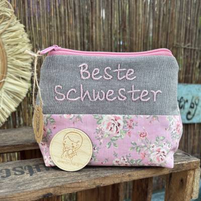 Schminktasche Beste Schwester – Handgemachte Kosmetiktasche als Geschenk, Kulturbeutel, Schminktäschchen