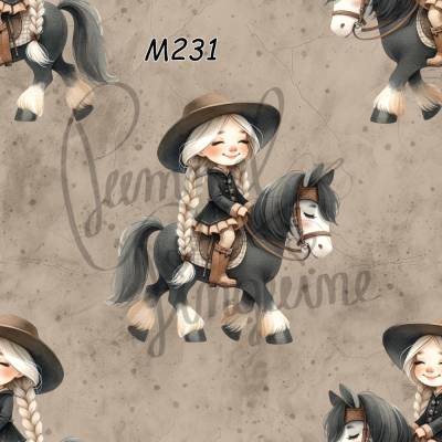 M231 PummelPinguine Exclusive Stoffe „Cowgirl Stoff – Mädchen auf Pferd im Western-Stil“ 