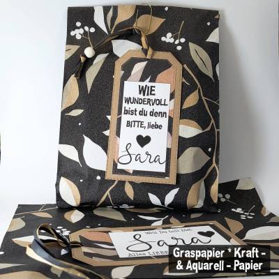 Sets personalisierte Geschenkverpackung mit Geschenkanhänger und Geschenktüte aus nachhaltigem Graspapier 