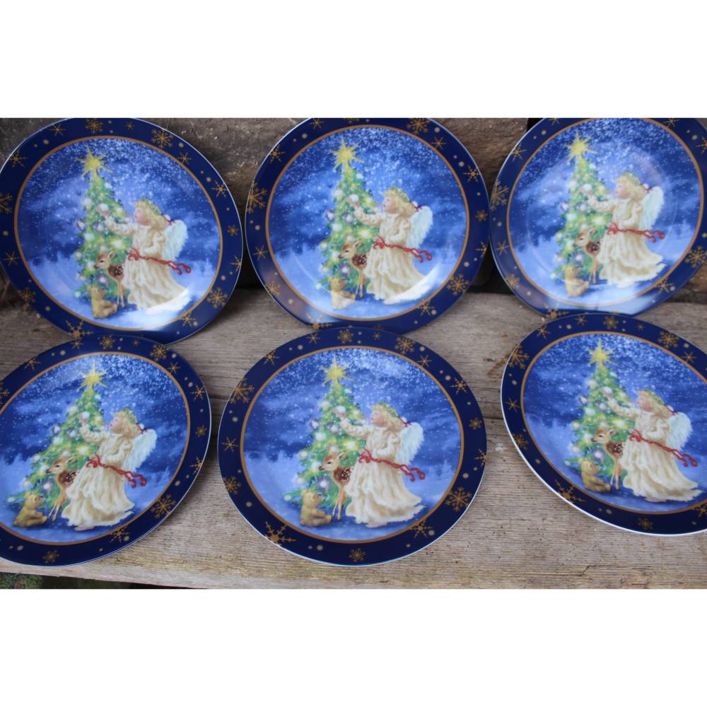 6er Set Vintage Weihnachtsteller Porzellan Engel Reh Weihnachtsbaum 90er Jahre Ø 19,3 cm