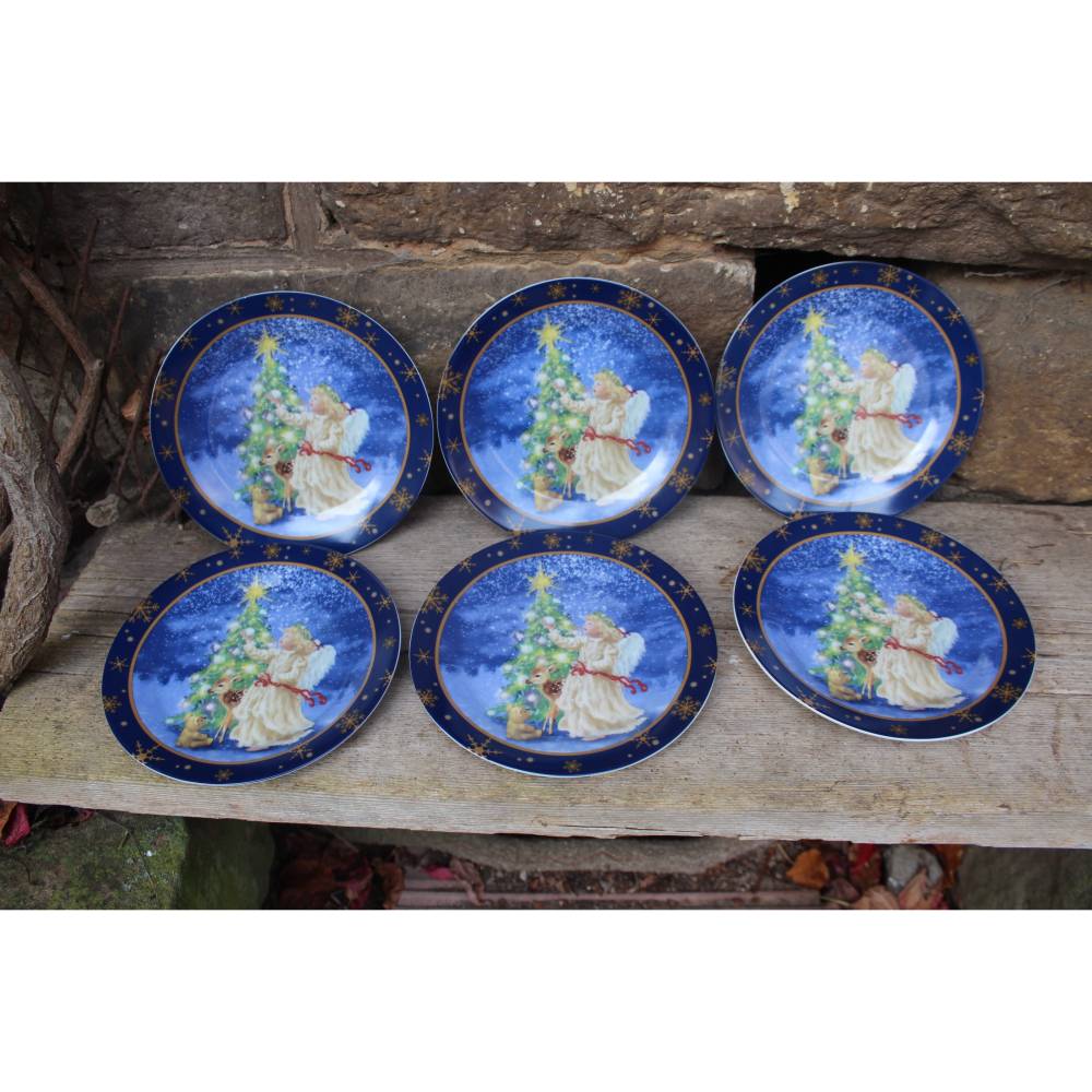6er Set Vintage Weihnachtsteller Porzellan Engel Reh Weihnachtsbaum 90er Jahre Ø 19,3 cm