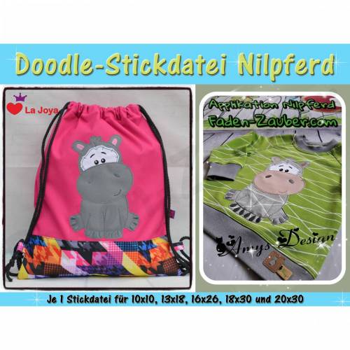 Doodle-Motiv Nilpferd - Stickdatei-Set für den 10x10cm bis 20x30cm Rahmen