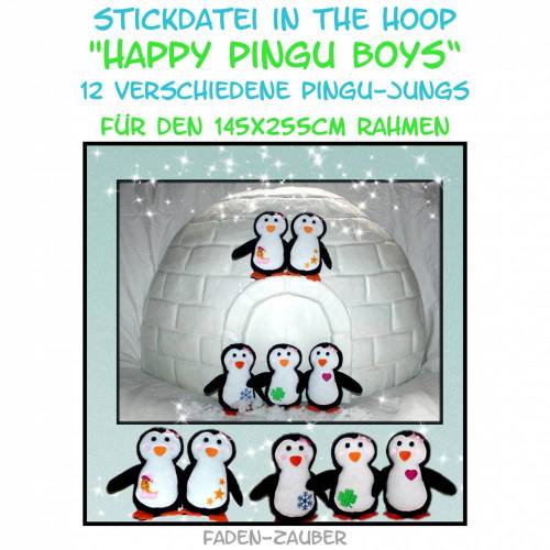 Happy Pingu Boys in the hoop 145x255Rahmen Größe L