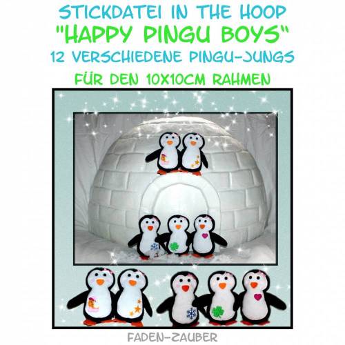 Happy Pingu Boys in the hoop 10x10 Rahmen Größe S