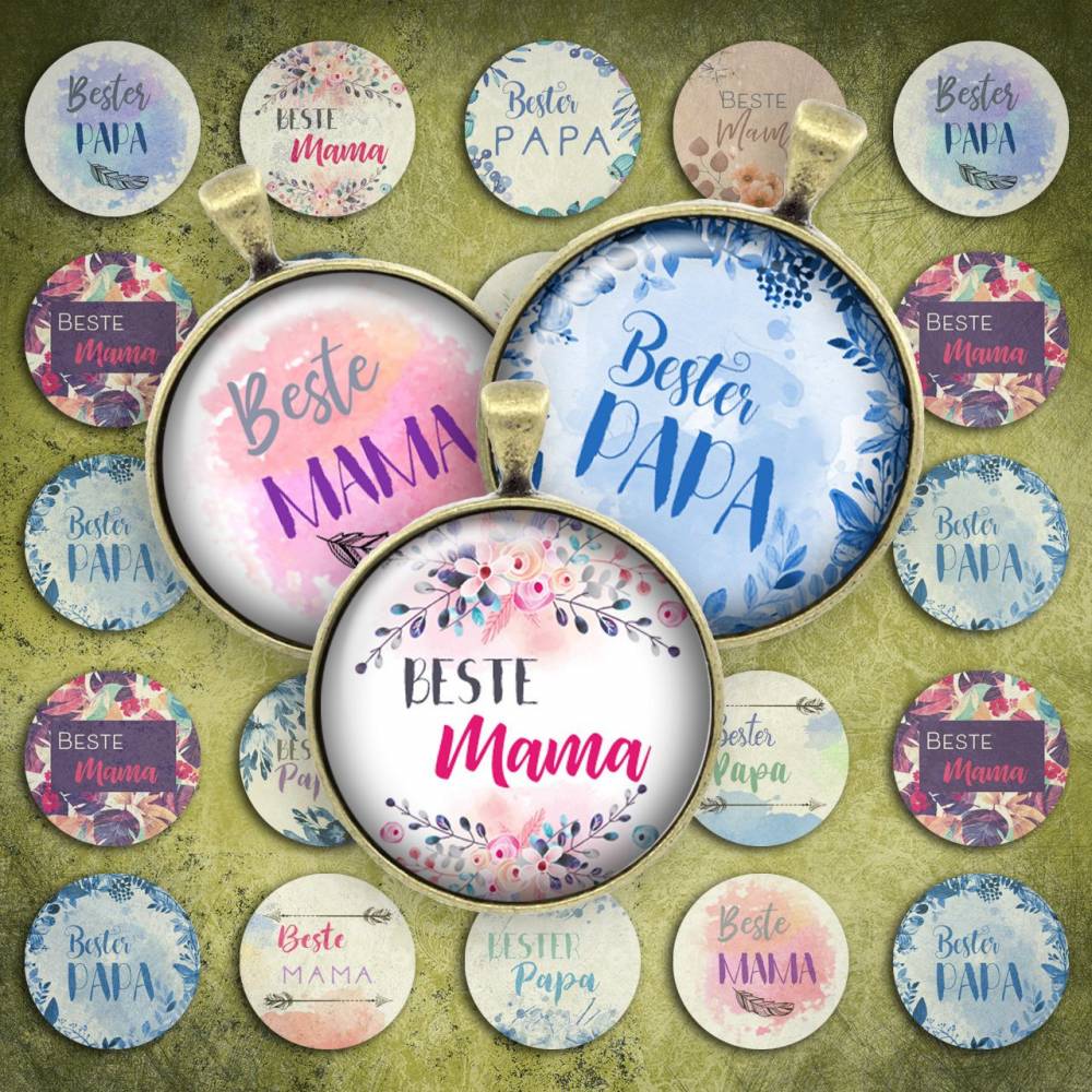 229 - Cabochon Vorlagen, 25mm 18mm 14mm 12mm, rund, Cabochon Motive, Bottle Cap images Beste Mama Bester Papa Bild 1