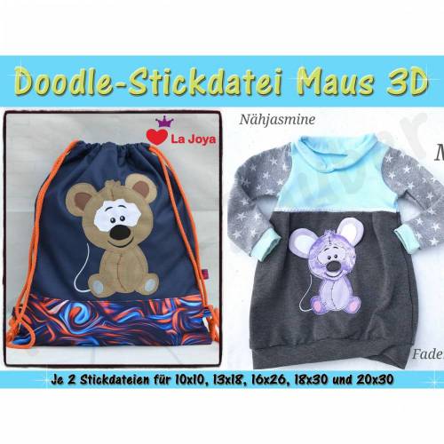 Doodle-Motiv Maus 3D - Stickdatei-Set für den 10x10cm bis 20x30cm Rahmen