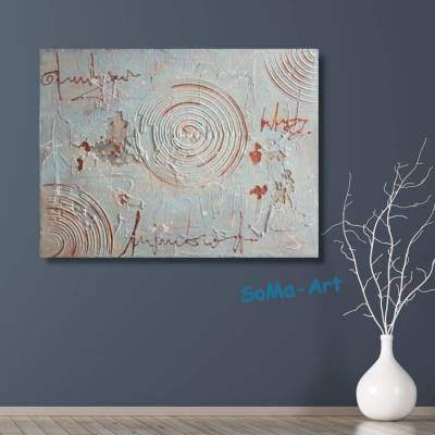 Acrylbild mit Struktur und Schriftzug in Blau und Kuper auf Leinwand, Wanddekoration, modernes Wandbild, Kunst, Malerei