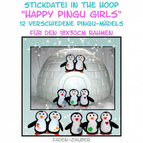 Happy Pingu Girls in the hoop 18x30Rahmen Größe XL