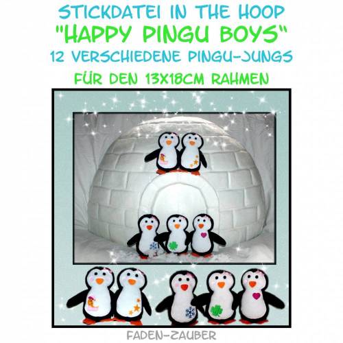 Happy Pingu Boys in the hoop 13x18 Rahmen Größe M