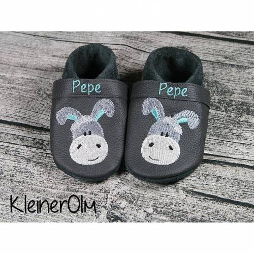 Krabbelpuschen aus Leder mit Esel und Namen ab Gr. 18/19 - Lederpuschen