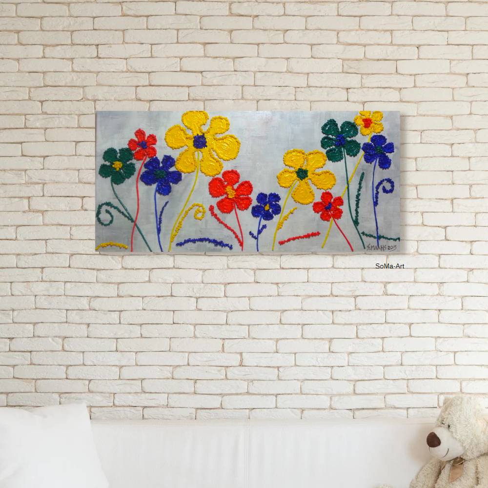 Acrylbild mit Dekosteinchen auf Leinwand, fröhliche Blumen in 4 bunten Farben, Wandbild, Wohnraumdekoration