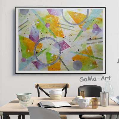 Acrylbild mit bunten geometrischen Formen auf Malpapier, ungerahmt, Kunst, Wandbild, Wanddekoration, moderne Malerei