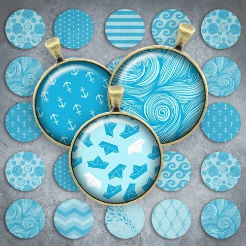 211 - Cabochon Vorlagen, 25mm 18mm 14mm 12mm, rund, Cabochon Motive, Bottle Cap images maritim Wellen Wasser Fische