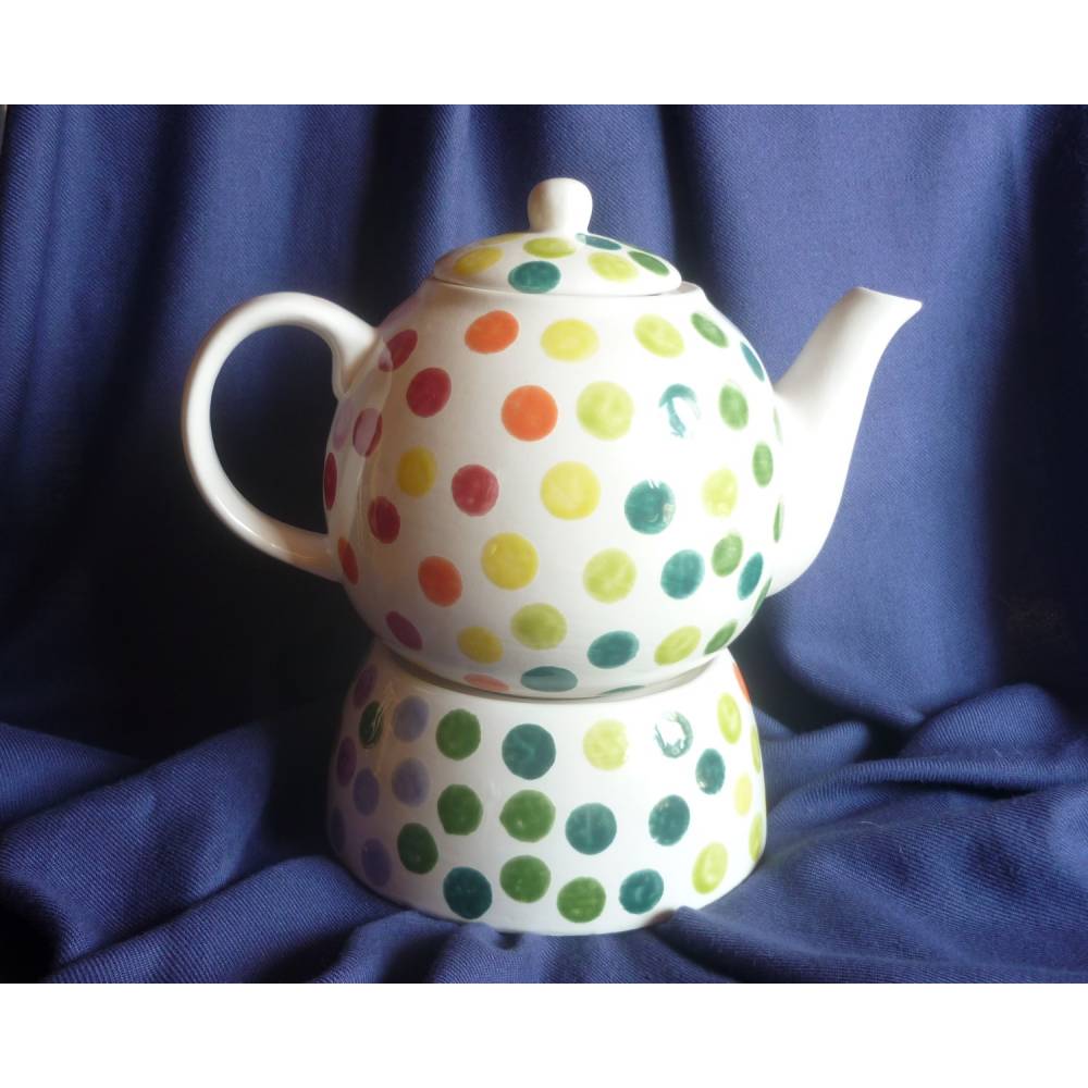 Teekanne kleine bunte Punkte mit passendem Stövchen ,Teeset,Kaffepause,Frühstück