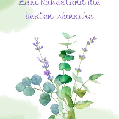 Karte zum Eintritt in den Ruhestand „Zum Ruhestand die besten Wünsche!“ – Blumen grün lila