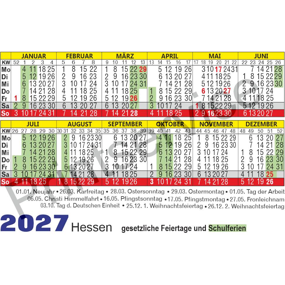 Kalender 2027 Hessen: Taschenkalender & Ferienkalender mit Feiertagen