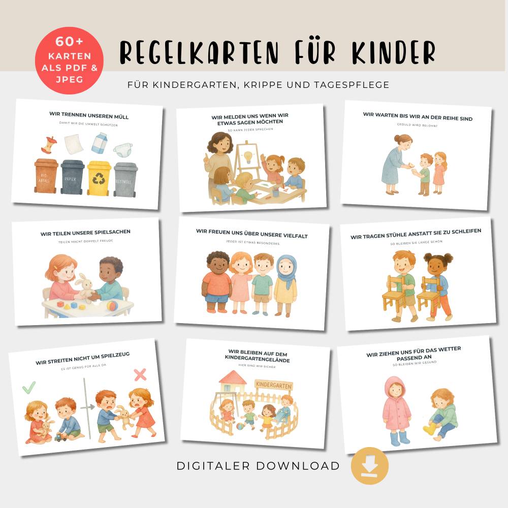 Regelkarten Kindergarten, Lernkarten Kinder, Kita Schule Zuhause, Regeln ausdrucken,  PDF- JPG-Format, digitale Vorlagen Bild 1