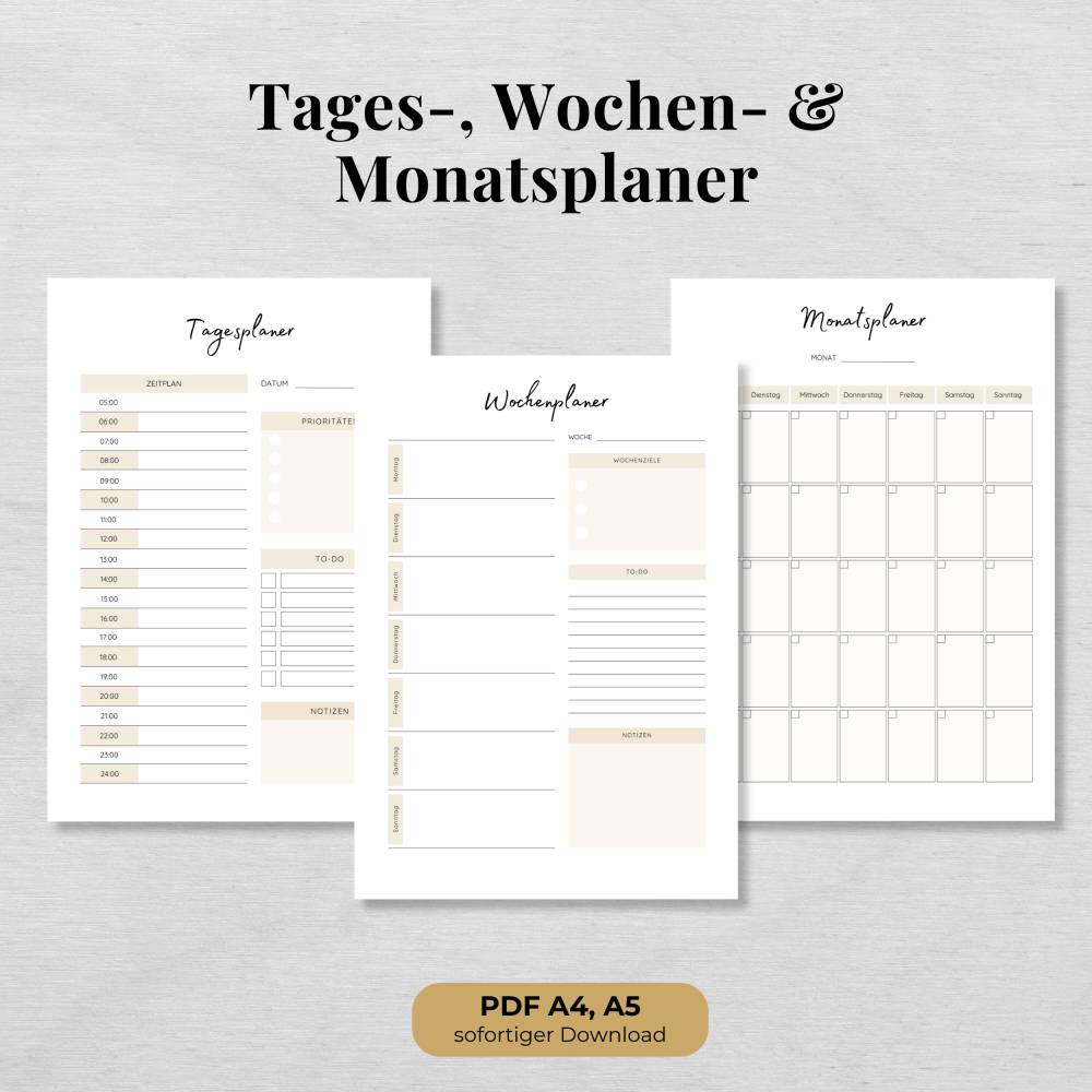 Minimalistischer Tages-, Wochen- & Monatsplaner zum Ausdrucken | A4 Planer PDF Bild 1
