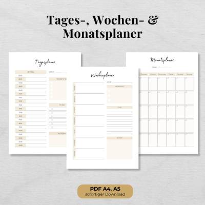 Minimalistischer Tages-, Wochen- & Monatsplaner zum Ausdrucken | A4 Planer PDF