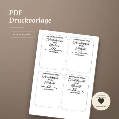 Geburtstagskarte Lass es knallen - mit Luftpolsterfolie - Geschenkanhänger - PDF Vorlage zum Download und Selbstausdruck