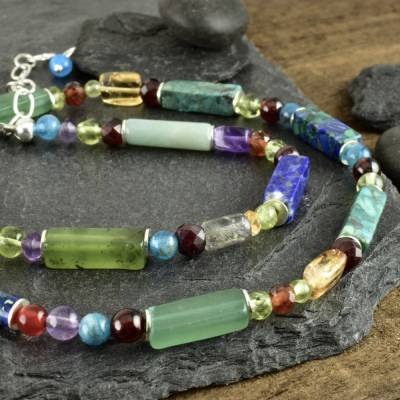 Bunte Edelsteinkette mit Rechtecken und 925er Silber, Lapis, Malachit-Azurit, Türkis, blau grün rot gelb lila Halskette