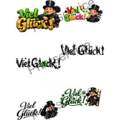 Clip Art, Viel Glück, Schriftzug in verschiedenen Darstellungen mit Schornsteinfeger, 6 Bilder