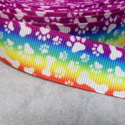 Ripsband Pfoten & Knochen Regenbogen 22 mm – Buntes Band für Nähen, Basteln & Tierzubehör