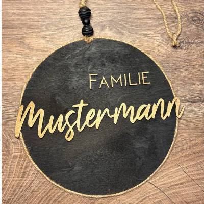 Türschild Familie rund | Holzkranz personalisiert mit Nachnamen | Geschenk zur Hochzeit & Einzug | Schwarz & Naturholz