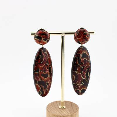 Lange Vintage Ohrclips hängend aus Kunststoff in Schwarz mit Weinrot und Goldfarbe 80er Jahre