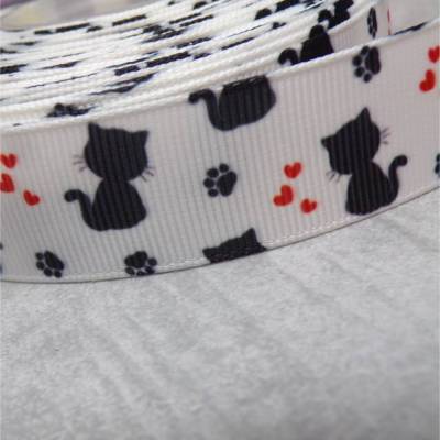 Ripsband mit Katzenmotiv Kitty, Pfoten & Herz – 22 mm breit, ideal für Nähen und Basteln