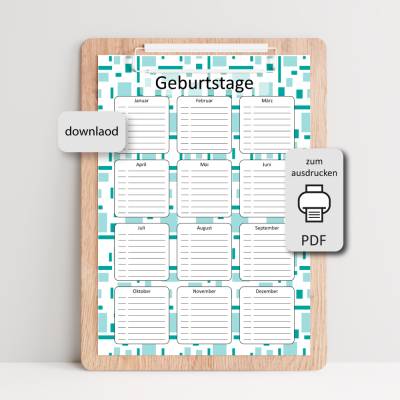 Immerwährender Geburtstagskalender als PDF Vorlage DIN A4 – Karo-Mint – zum Ausdrucken