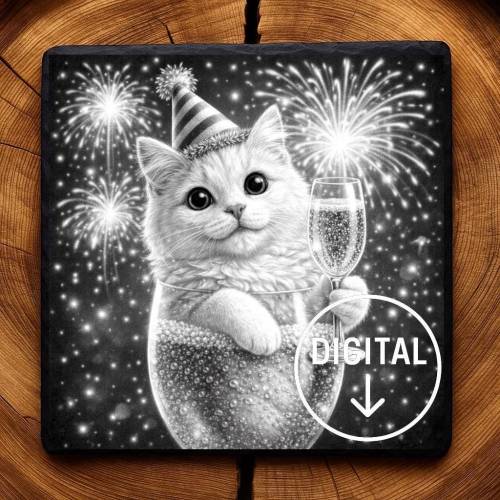 Laserdatei Katze Silvester/Party – Gravurdatei PNG für Schiefer & Holz | Bildgravur