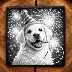 Laserdatei Hund Silvester/Party – Gravurdatei PNG für Schiefer & Holz | Bildgravur