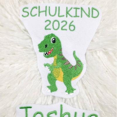 Patch/ Applikation/ Aufnäher/ Bügelbild/ Schulkind T-Rex mit Name/ Set 2 Teilig/ Jungen Schultüte/ Patch Filz gestickt