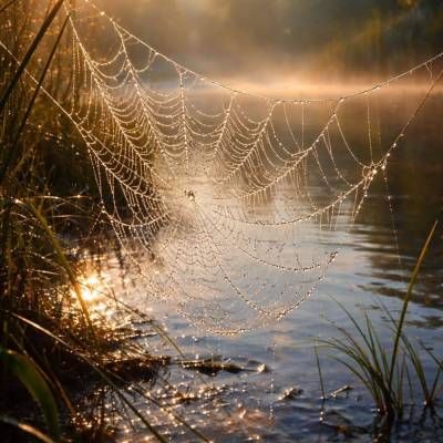 Spinnennetz im Morgenlicht am Wasser – poetisches KI-Naturmotiv als digitaler Download