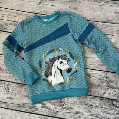 wunderschöner dünner Pulli / Sweatshirt gr.122/128 Türkis/Petrol Pferd