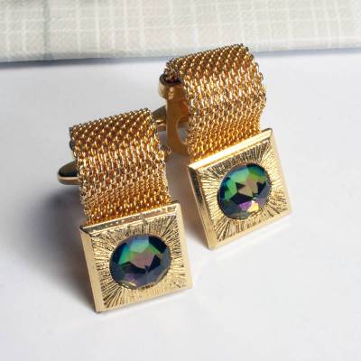 Vintage Manschettenknöpfe goldfarben mit Glassteinen – Retro 60er 70er Schmuck