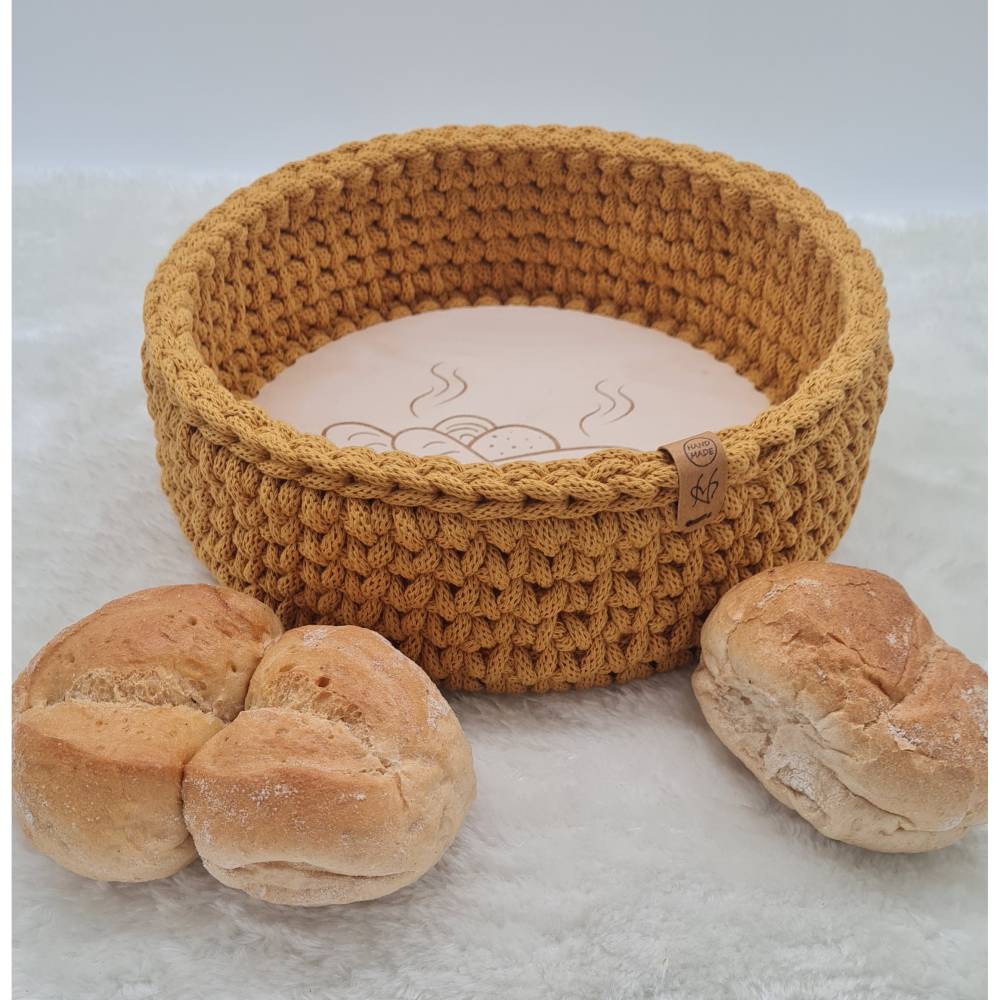 Brötchenkorb, Aufbeahrungskorb ca. 24x8 cm, mit Holzboden, gehäkelt, verschiedene Farben wählbar