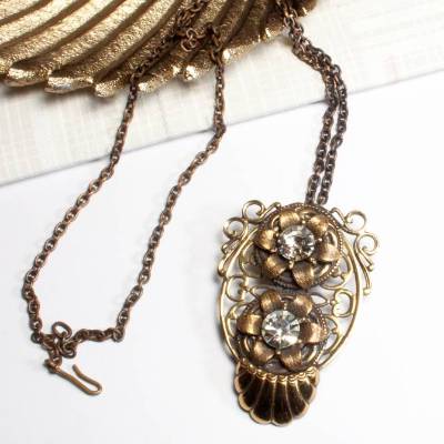 Vintage Kette mit antikgoldfarbenen Strass Anhänger – Modeschmuck 80er 90er Jahre Retro