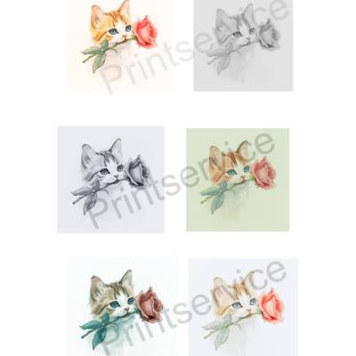 Katze mit roter Rose, Bilder in verschiedenen Farbnuancen, Clip Art, 6 Bilder