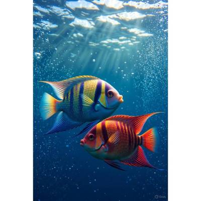 Farbenprächtige Kaiserfische im Lichtspiel des Meeres – KI-Unterwasserkunst als digitaler Download