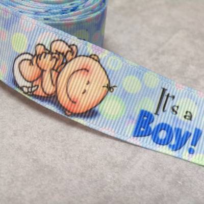 Baby-Ripsband „It’s a Boy“ – 22 mm – Blau Pastell – Babydeko & Geschenkband
