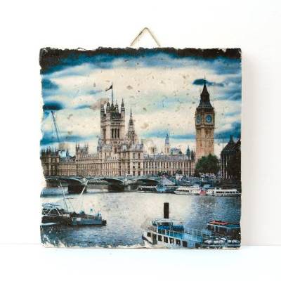 Travertin-Fliese 10×10 cm mit London Parlament & Big Ben – Wandbild mit Aufhänger