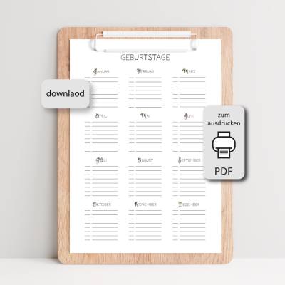 Geburtstagskalender immerwährend - Vorlage DIN A4 PDF zum Ausdrucken - Initial floral