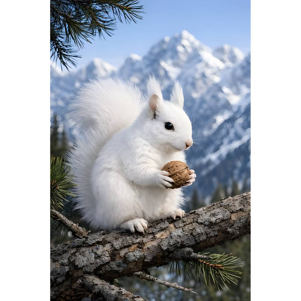 Weißes Eichhörnchen in den Bergen – märchenhaftes KI-Tiermotiv als digitaler Download Bild 1