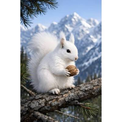 Weißes Eichhörnchen in den Bergen – märchenhaftes KI-Tiermotiv als digitaler Download