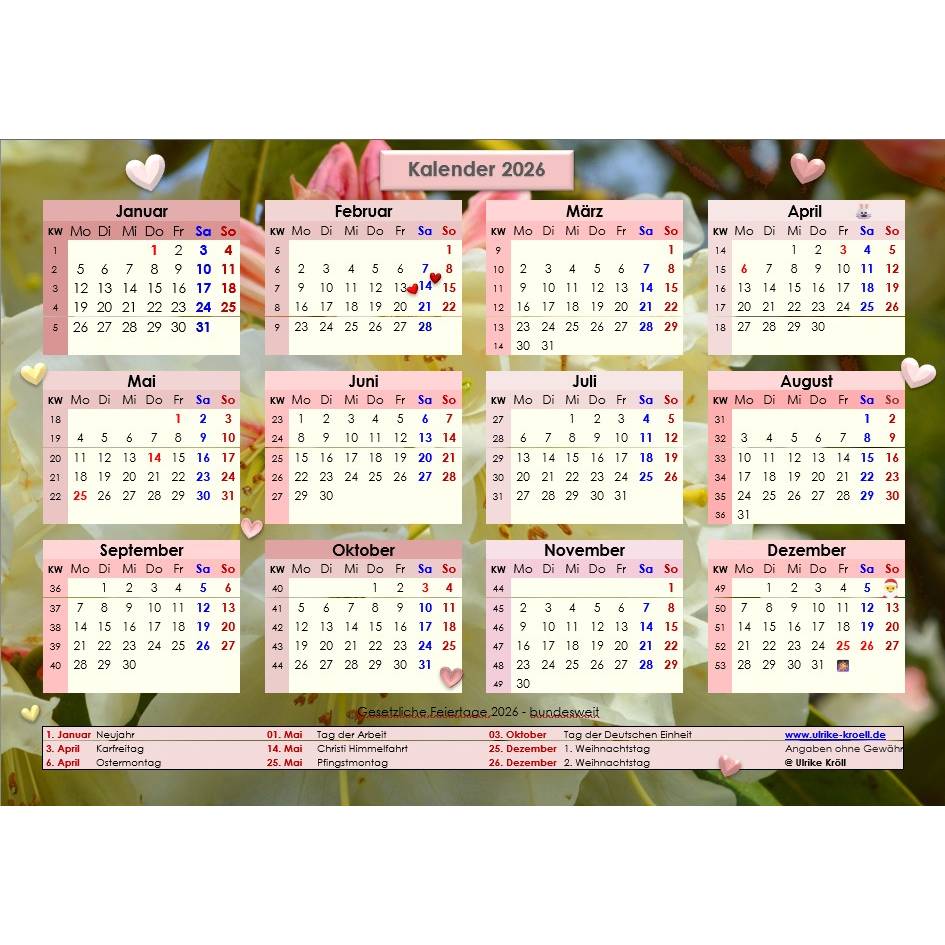 Jahreskalender 2026 auf einen Blick - Rhododendron China PDF – DIN A4 zum Ausdrucken Bild 1