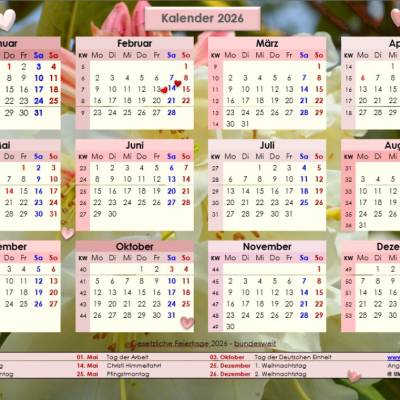 Jahreskalender 2026 auf einen Blick - Rhododendron China PDF – DIN A4 zum Ausdrucken