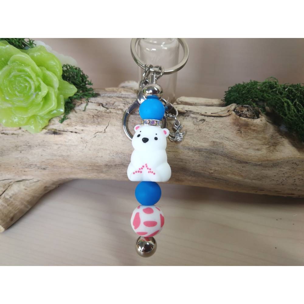 Schlüsselanhänger Eisbärkönig – Silikon, Geschenkidee mit Eisbär mit Fisch Bild 1