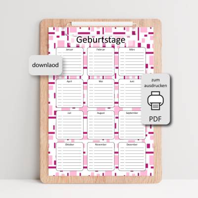 Immerwährender Geburtstagskalender als PDF Vorlage DIN A4 – Beere Rosa – zum Ausdrucken